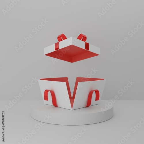 white surprise gift box with red ribbon