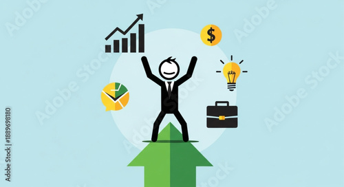 Successful businessman celebrating achievements with business icons.