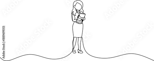Minimalist One Line Drawing of a Confident Businesswoman Holding a Notebook.