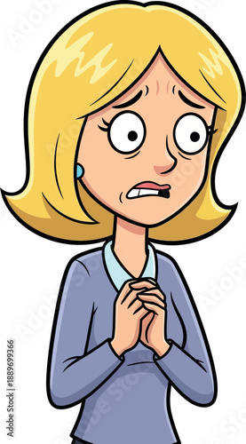 Worried Cartoon Woman Praying with Anxious Expression