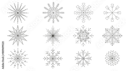 Collection of twelve unique snowflake designs in black and white line art for winter and christmas themed graphic patterns.