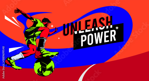 Soccer player in action with ball on dynamic geometric background. athlete silhouette concept for football competition, event sports, exercise motivation, and healthy lifestyle sports poster. Sports