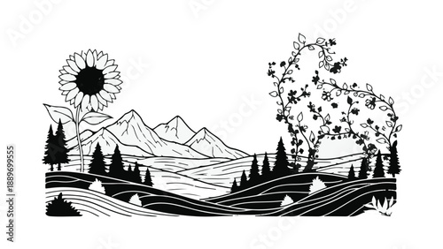 Whimsical landscape with a sunflower and a tree shaped like a dog, set against rolling hills and mountains.