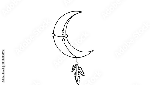 Crescent moon dreamcatcher line art drawing with feathers and beads for mystical boho and spiritual design concepts.