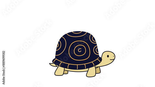 Friendly turtle with a dark blue shell decorated with golden spiral patterns walking across a white background illustration.