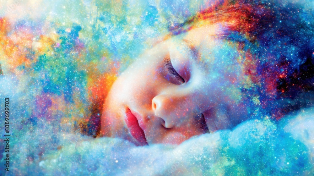 Fototapeta premium Child sleeps peacefully with colorful dreams in a galaxy background at night