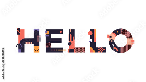 Creative typography of the word hello using various colorful geometric patterns and abstract shapes in modern style.