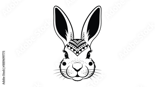 Intricate line art of a rabbit's face with tribal geometric patterns on the forehead and detailed fur textures.