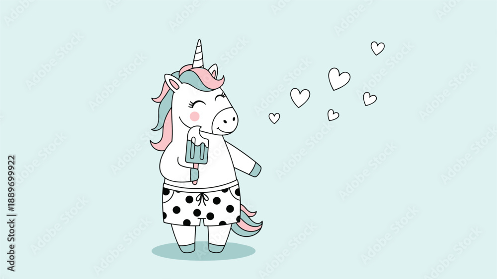 Fototapeta premium Cute unicorn character wearing polka dot shorts and eating an ice cream bar surrounded by floating heart shapes.