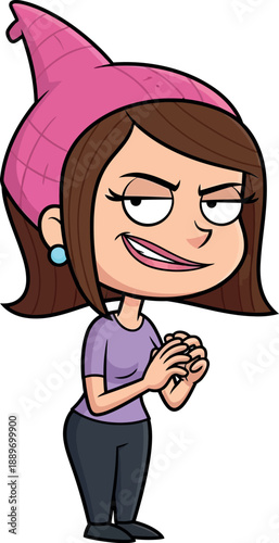 Sly Cartoon Woman Grinning with Pink Hat