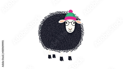Fluffy black sheep wearing round black glasses and a colorful knitted beanie with a pom pom on top.