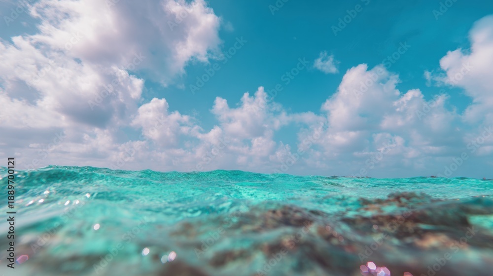 Obraz premium Clear water and white clouds over ocean waves in bright afternoon sky