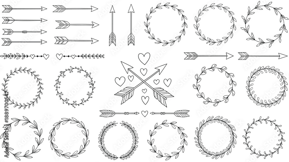 Fototapeta premium Extensive collection of hand-drawn floral wreaths decorative arrows and heart elements for romantic and tribal designs.