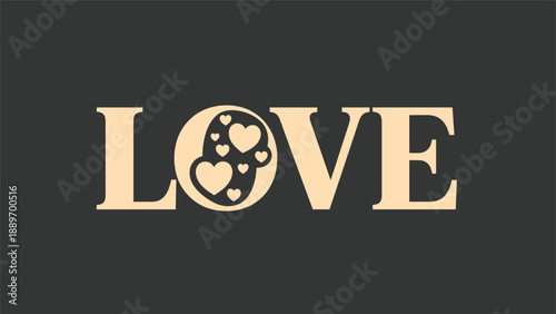 Bold tan color text spelling love on a dark grey background with the letter O filled with various sized floating hearts.