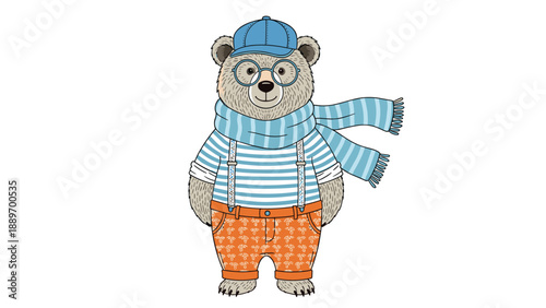 Dapper bear character wearing a blue cap glasses a striped shirt with suspenders and bright orange patterned trousers.