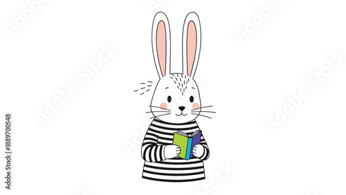 Studious white rabbit character wearing a black and white striped sweater and reading a colorful green and blue book.