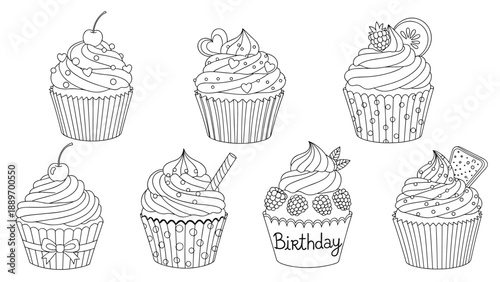Collection of seven diverse black and white cupcake line art illustrations with various toppings like cherries and berries.