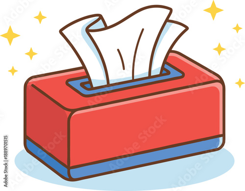 Bright red tissue box with sparkling white tissues in cartoon style, symbolizing freshness, hygiene, and health care in a clean vector illustration.