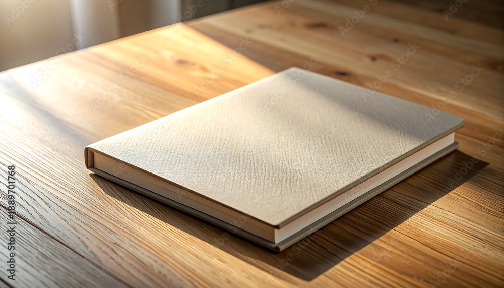 Fototapeta premium Closed Blank Hardcover Book Resting on a Wooden Table with Sunlight Streaks empty