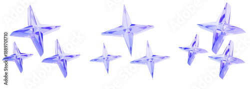 Fotografie 3d set of glass holographic star cluster with crystal texture in purple blue gradient colors