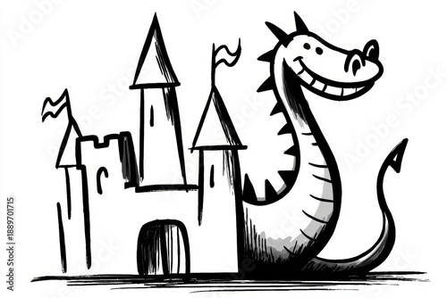 Dragon and castle black and white drawing featuring a dragon with a castle prominently displayed in the background