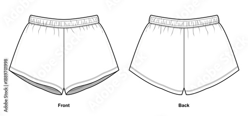 Unisex Athletic Running Shorts Fashion Flat - Elastic Waist Sport Shorts with Curved dolphin-style hem. Front and back views.