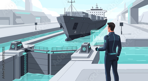 Engineer controlling a futuristic ship in a high-tech lock system.