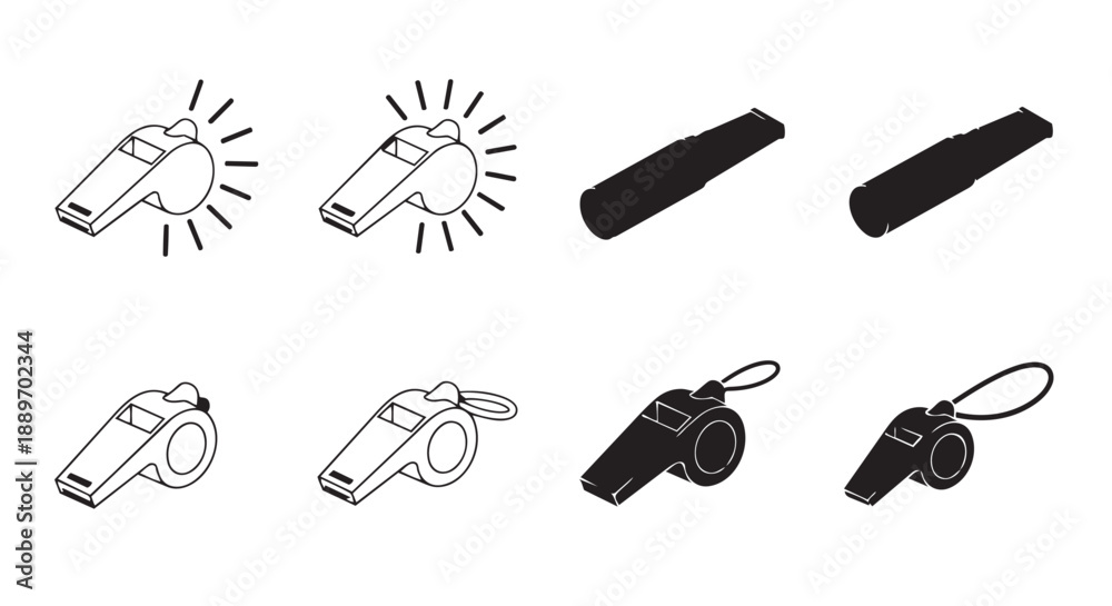Fototapeta premium Whistle Icons Set Isolated on White Background. Sport Referee and Coach Sound Signal Symbols.