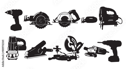 Set of Power Tool Silhouette Icons Isolated on White Background. Construction Equipment Vector Symbols.