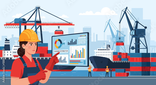 Logistics Manager Analyzing Shipping Data on Digital Screen at Container Terminal