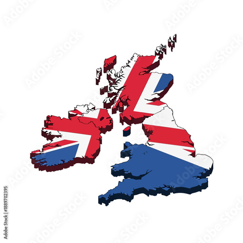 United Kingdom map with British flags on 3D country shapes