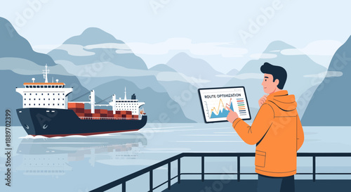 Man analyzing shipping route optimization on tablet