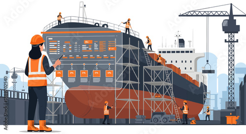 Shipbuilding Industry Workers Constructing Large Vessel