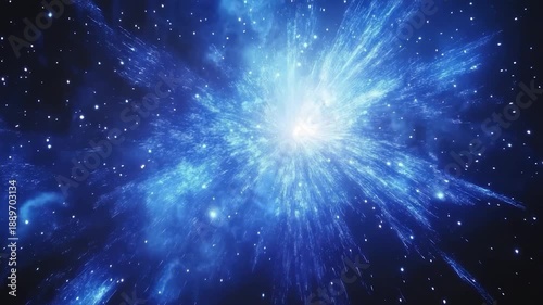 A luminous explosion of light and energy radiates from a central core, surrounded by a starry field