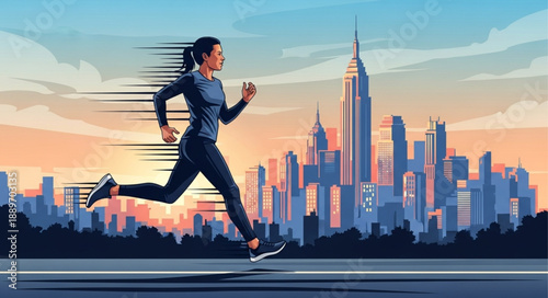 Woman running fast in city skyline at sunset.
