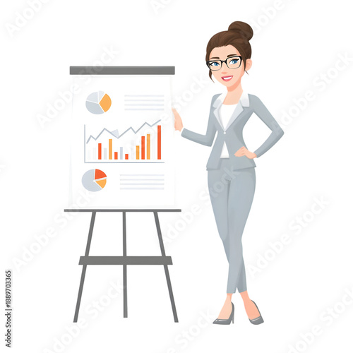 Professional Presentation: A focused professional lady stands confidently next to a presentation board, pointing to insightful charts and graphs.