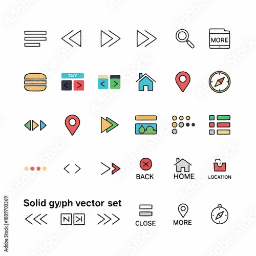 Comprehensive Solid Glyph and Line Vector Icons for Web and UI Navigation
