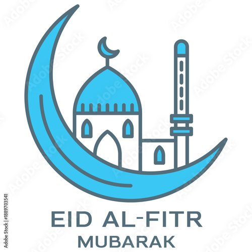 Eid Al-Fitr Mubarak Crescent Moon with Mosque Islamic Vector Icon