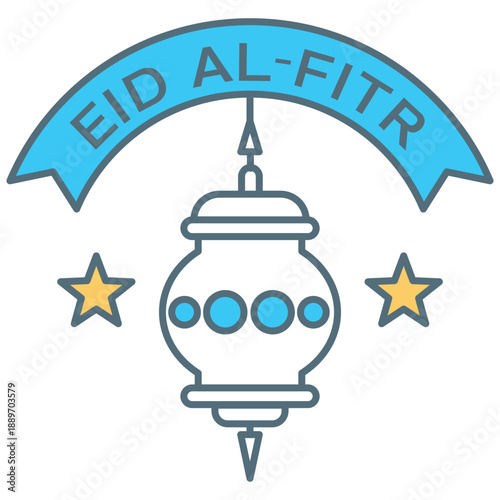 Eid Al-Fitr Mubarak Lantern with Banner Islamic Line Art Icon
