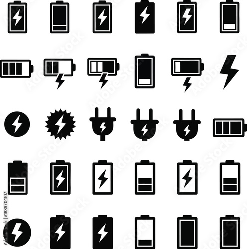 Collection of battery and electricity icons in various states and symbols