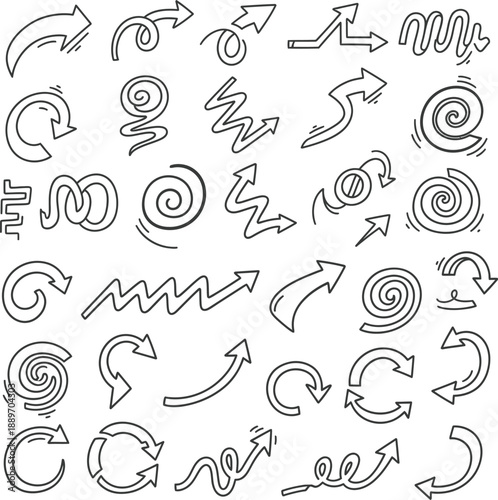 Collection of hand drawn arrows and swirling line icons