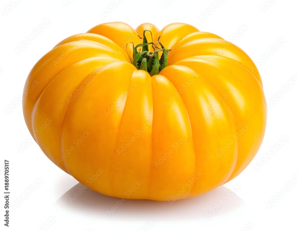 Obraz premium A ripe, yellow tomato against white background with green stem