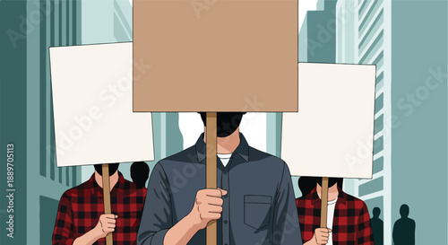 Illustration of a protester holding a blank sign in front of their face, with two others behind, standing in a cityscape on World Consumer Rights Day.