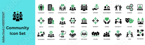 Community Icon Set contain icon of people, teamwork, partnership, success and more. Solid icon set. 