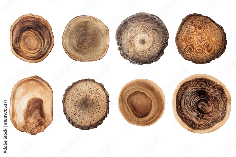Naklejka premium Eight different cross sections of wood isolated on transparent background. Collection of assorted wood slice textures isolated on white background.