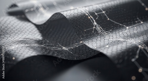 Wavy, dark structural material displays illuminated, interconnected nodal points across its surface