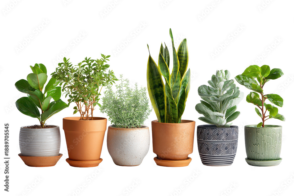 Obraz premium Collection of potted houseplants in decorative pots isolated on transparent background. Various potted houseplants arranged in a row display isolated on white background.