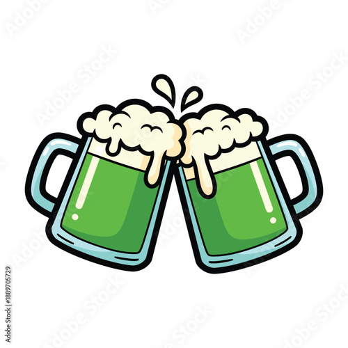 Two green beer mugs clinking together with foamy heads