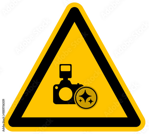 Icono de advertencia de cámara fotográfica con inteligencia artificial generativa estilo plano amarillo ilustración vectorial