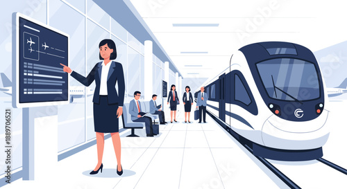 Commuters at a modern train station platform with a sleek train